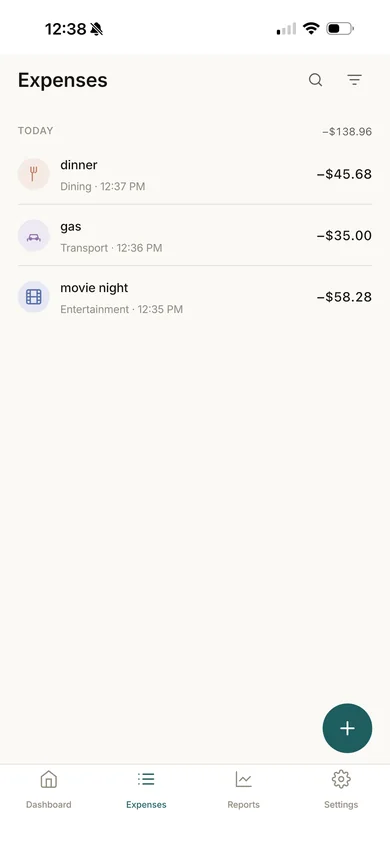 Expense list for today: dinner, gas and movie night, each with its category, time and amount.